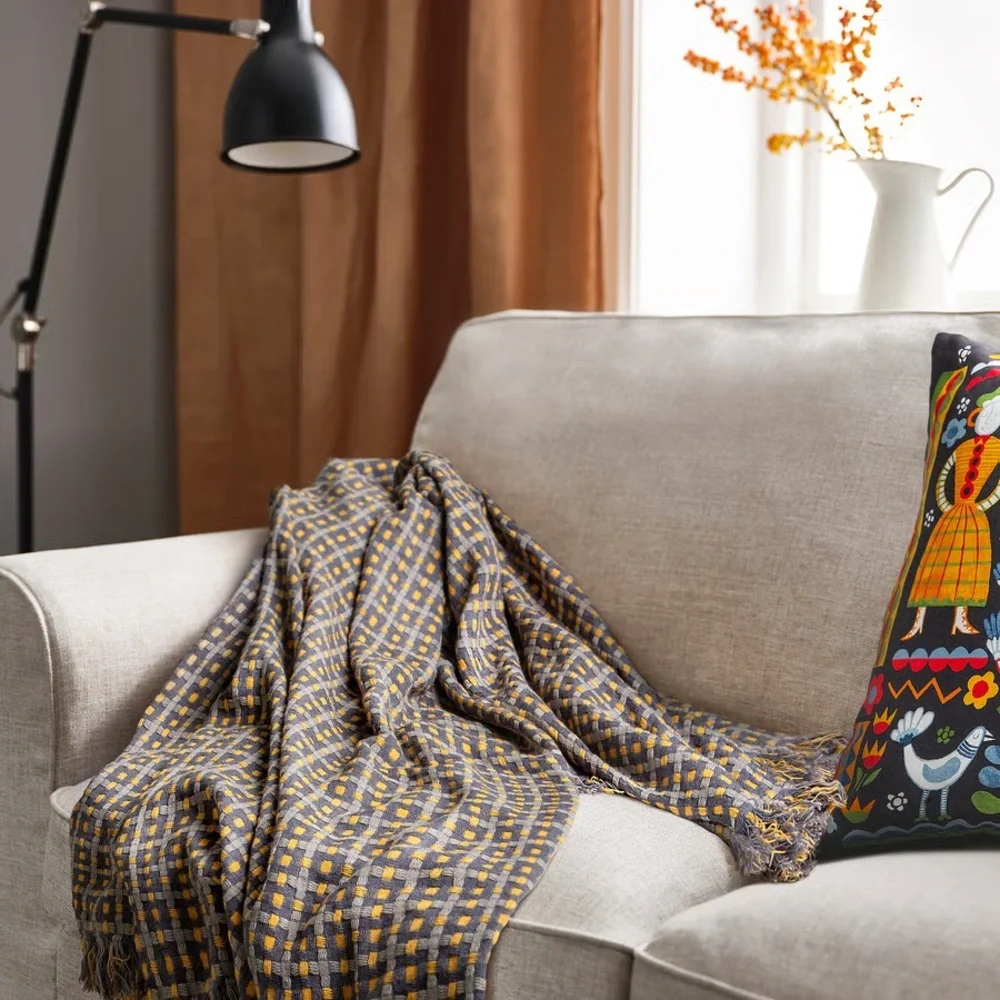 Gray and Yellow Checkered Throw Blanket